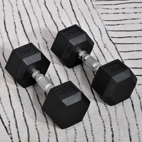 HOMCOM Conjunto de Halteres 20 kg com Barra Metálica e Cabeça Hexagonal Conjunto de Pesos para Treino 31x13,5 cm Preto e Prata - Image 2