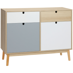 HOMCOM Aparador Auxiliar Móvel de Armazenamento com 2 Armários Fechados e 2 Gavetas Pés Elevados de Madeira de Pinho para Cozinha Dormitório Entrada 100x40x79,5cm Branco Cinza Madeira