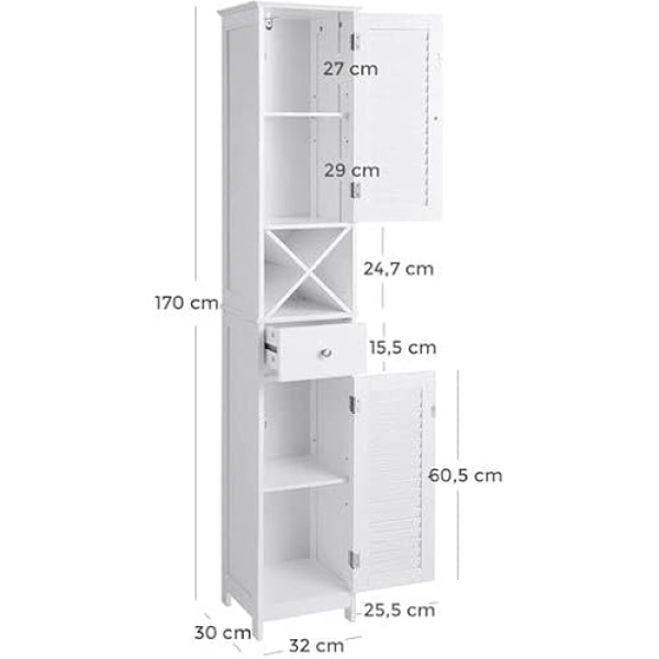 Armário de chão VASAGLE, armário alto para banheiro com portas de veneziana, gaveta e suporte removível em formato de X, 32 x 30 x 170 cm, estilo escandinavo, branco BBC69WT - Image 3