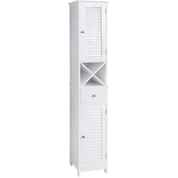 Armário de chão VASAGLE, armário alto para banheiro com portas de veneziana, gaveta e suporte removível em formato de X, 32 x 30 x 170 cm, estilo escandinavo, branco BBC69WT