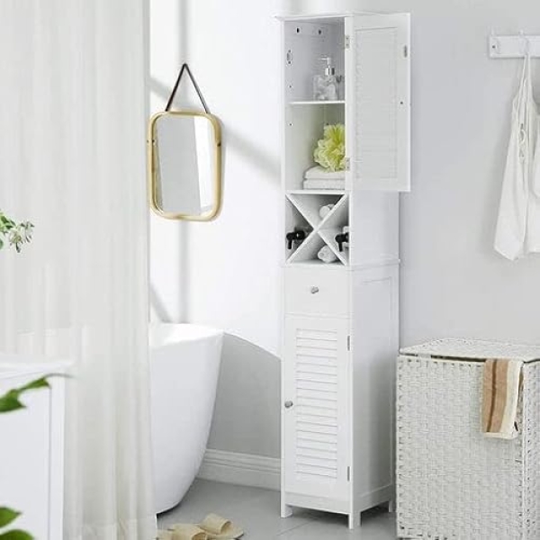 Armário de chão VASAGLE, armário alto para banheiro com portas de veneziana, gaveta e suporte removível em formato de X, 32 x 30 x 170 cm, estilo escandinavo, branco BBC69WT - Image 2