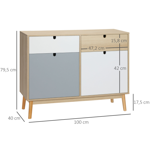 HOMCOM Aparador Auxiliar Móvel de Armazenamento com 2 Armários Fechados e 2 Gavetas Pés Elevados de Madeira de Pinho para Cozinha Dormitório Entrada 100x40x79,5cm Branco Cinza Madeira - Image 3