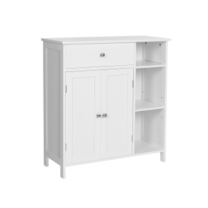 Armário de chão para banheiro VASAGLE, unidade organizadora de armazenamento, armário com gaveta, 3 compartimentos abertos, prateleiras ajustáveis, 2 portas, 75 x 30 x 80 cm, estilo nórdico escandinavo, branco fosco BBC142W01