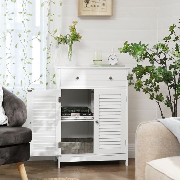 Armário de chão para banheiro VASAGLE, unidade organizadora de armazenamento, 60 x 30 x 80 cm, armário com 2 portas venezianas, gaveta, prateleira ajustável, estilo nórdico escandinavo, branco fosco BBC51WT - Image 3