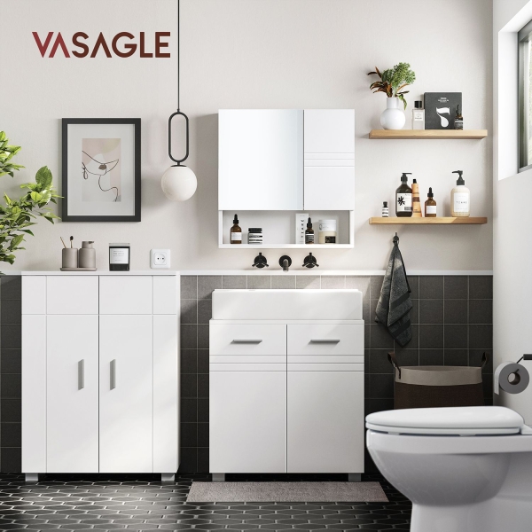VASAGLE BBK112W01 Armário de banheiro com porta dupla, prateleira ajustável, dobradiças de fechamento suave para banheiro, 60 x 30 x 63 cm, branco BBK112W01 - Image 2