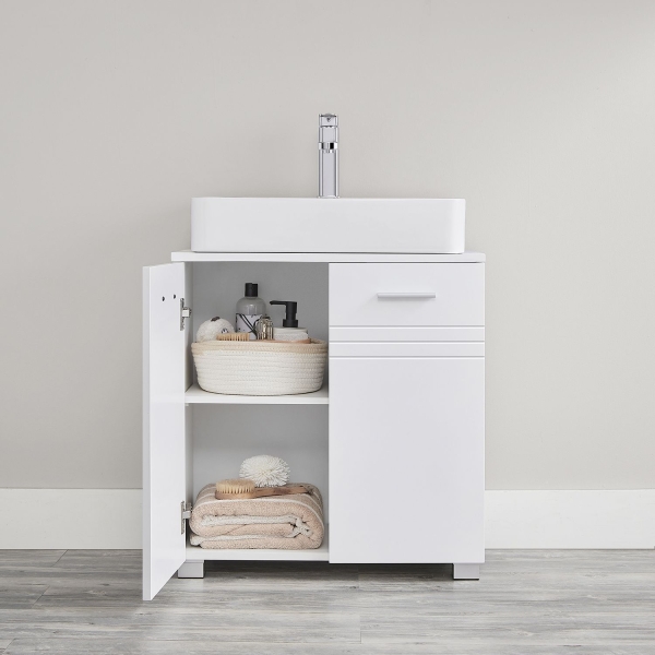 VASAGLE BBK112W01 Armário de banheiro com porta dupla, prateleira ajustável, dobradiças de fechamento suave para banheiro, 60 x 30 x 63 cm, branco BBK112W01 - Image 3