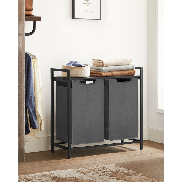 Cesto de roupa com 2 compartimentos, tecido Oxford e estrutura metálica | VASAGLE | 73 x 33 x 72 cm | cinzento | BLH201G01. - Image 4