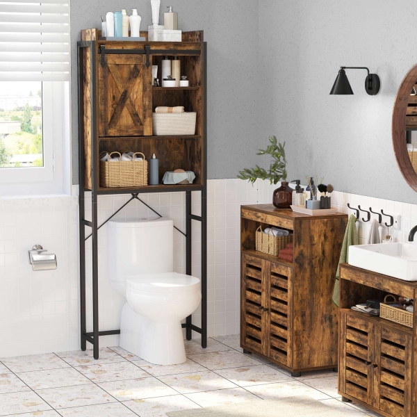 Vaso sanitário VASAGLE, organizador de banheiro, para máquina de lavar, com armário pequeno, estrutura de aço, fácil montagem, industrial, 64 x 24 x 171 cm, marrom rústico e preto BTS003B01 - Image 2