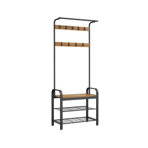 Cabideiro VASAGLE, cabideiro com banco para sapatos, design 4 em 1, com 9 ganchos removíveis, um varão para roupas, para corredor, entrada, 33,7 x 77 x 183 cm, industrial, nogueira rústica e preto HSR040B41