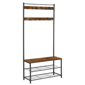 Cabideiro VASAGLE, cabideiro com banco para sapatos, cabideiro com sapateira, design 3 em 1, estrutura de aço, para corredor, entrada, 32 x 85 x 175 cm, industrial, marrom rústico e preto HSR401B01