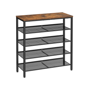 Sapateira VASAGLE de 5 níveis, alta para armazenamento de sapatos com 4 prateleiras de malha e tampo grande para bolsas, economiza espaço para entrada, corredor, aço, industrial, marrom rústico e preto LBS038B01