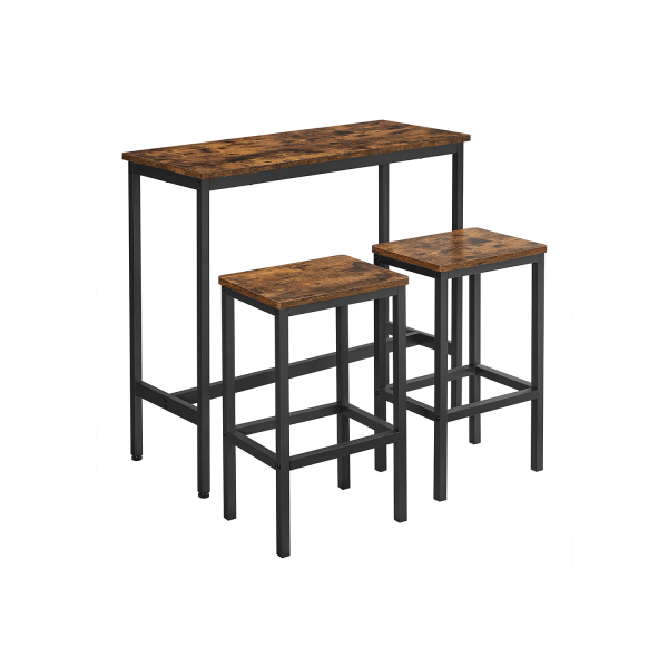 Conjunto de mesa de jantar VASAGLE, conjunto de mesa de bar e bancos, mesa de café da manhã com dois bancos, estrutura de aço industrial, marrom rústico e preto LBT218B01