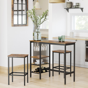 Mesa alta VASAGLE, mesa de jantar, mesa de bar, com suporte para taças de vinho e porta-garrafas, para sala de estar, cozinha, 110 x 40 x 90 cm, industrial, marrom rústico e preto LBT013B01