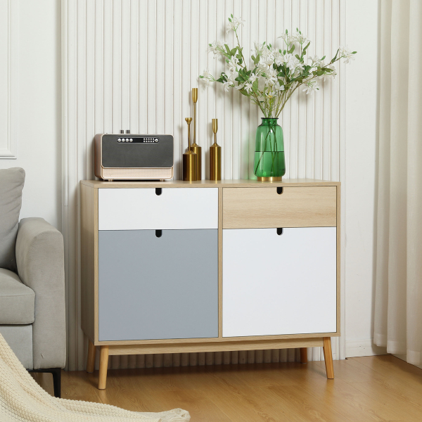 HOMCOM Aparador Auxiliar Móvel de Armazenamento com 2 Armários Fechados e 2 Gavetas Pés Elevados de Madeira de Pinho para Cozinha Dormitório Entrada 100x40x79,5cm Branco Cinza Madeira - Image 2