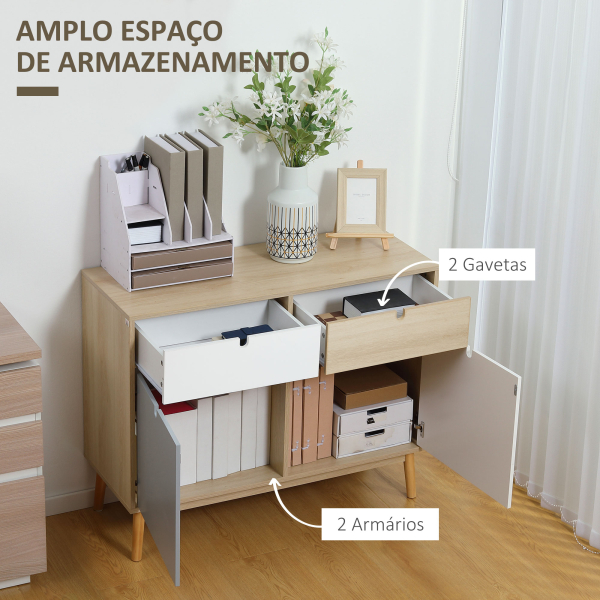 HOMCOM Aparador Auxiliar Móvel de Armazenamento com 2 Armários Fechados e 2 Gavetas Pés Elevados de Madeira de Pinho para Cozinha Dormitório Entrada 100x40x79,5cm Branco Cinza Madeira - Image 4