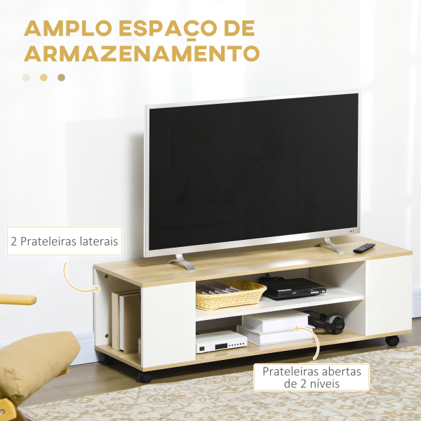 HOMCOM Móvel para TV com Rodas Armário para TV Flutuante com 2 Portas e 2 Prateleiras 120x40x38,5cm Branco e Madeira - Image 7