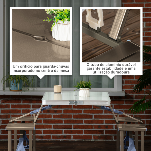 Outsunny Mesa de Campismo Dobrável com 4 Assentos Orifício para Chapéu de Sol e Estrutura de Alumínio para Praia Piquenique 136x85,5x66cm Prata - Image 4