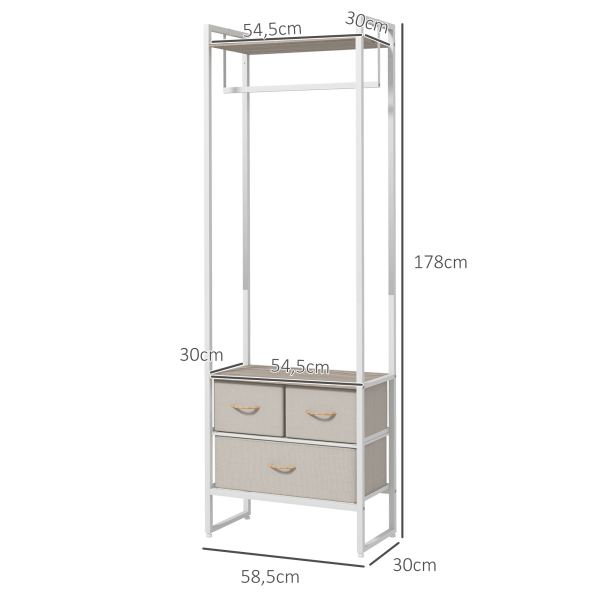 HOMCOM Suporte para Cabides com 3 Gavetas de Tecido Barra para Pendurar e Prateleira para Entrada Quarto 58,5x30x178 cm Natural - Image 3