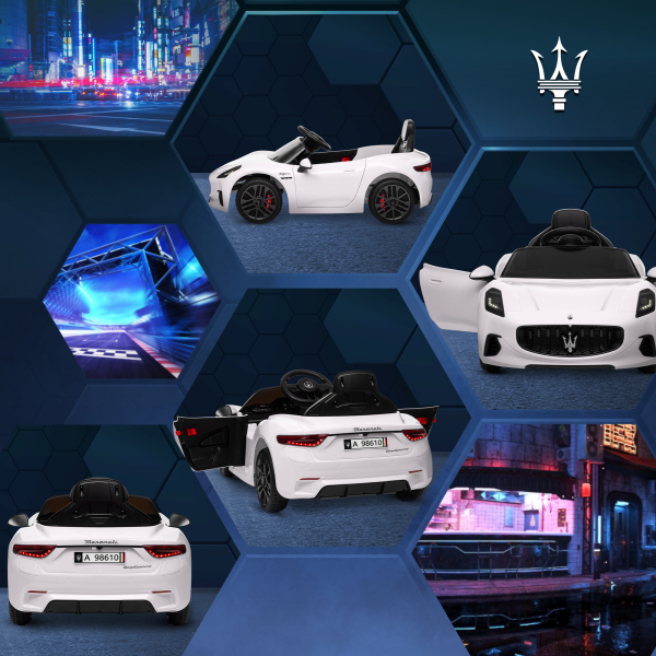 AIYAPLAY Carro Elétrico para Crianças Maserati Gran Turismo Folgore 12V Controlo Remoto Faróis Buzina e Música MP3 98x59x43 cm Branco - Image 8