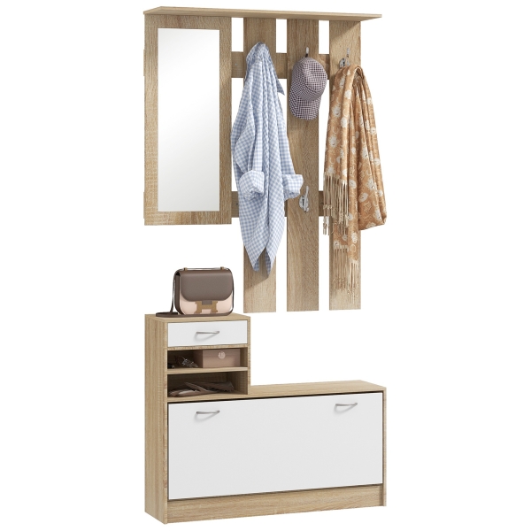 HOMCOM Móvel Cabide de Entrada de 3 Peças Armário de Entrada com Cabide Espelho Sapateira e Gaveta 90x10x102 cm Branco e Madeira - Image 4