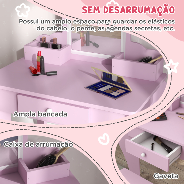 ZONEKIZ Toucador Infantil para Meninas e Meninos Toucador de Maquilhagem com Banco Espelho Gaveta e Caixas de Arrumação Rosa - Image 5