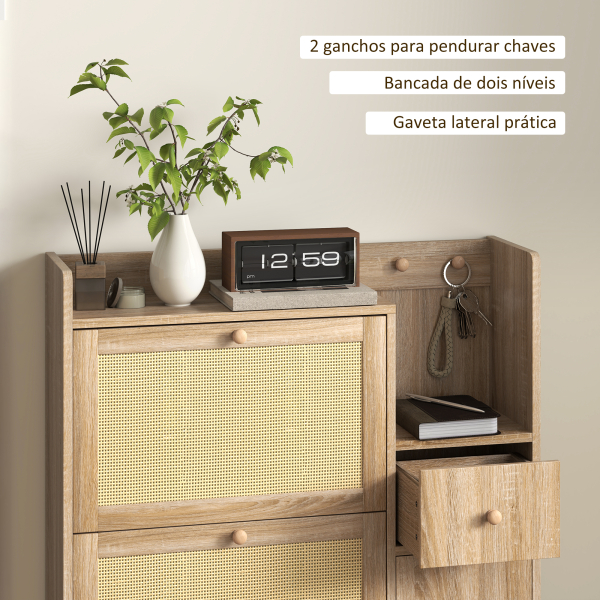 HOMCOM Móvel Sapateira com 3 Gavetas com Frente em Vime para 12 Pares de Sapatos Prateleiras Ajustáveis 80x23x120 cm Carvalho - Image 7
