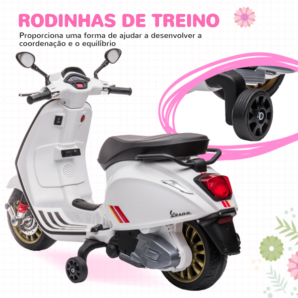 AIYAPLAY Moto Elétrica para Crianças de 3-6 Anos com Licença Vespa com USB MP3 Luz LED Rádio FM Velocidade 3 km/h Carga 35 kg Branco - Image 6