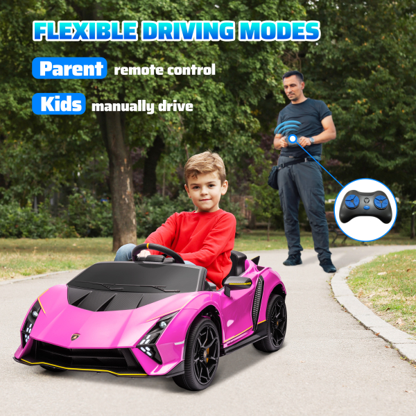 AIYAPLAY Carro Elétrico para Crianças Lamborghini 12V Controlo Remoto Faróis Buzina Arranque Lento e Música MP3 114,5x64x45,5 cm Rosa - Image 7