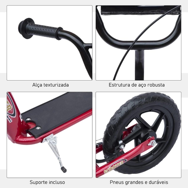 HOMCOM Trotinete para Crianças acima de 5 anos Scooter de 2 Rodas Grandes de 12 Polegadas com Freio e Guidão Ajustável em Altura Carga Máx. 100kg 120x52x80-88cm Vermelho - Image 7
