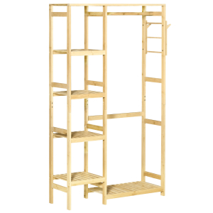 HOMCOM Suporte para Cabides de Bambu Cabideiro com Prateleiras de 4 Níveis com Barra Prateleira Inferior e Cabide Lateral 90x30x155cm Madeira