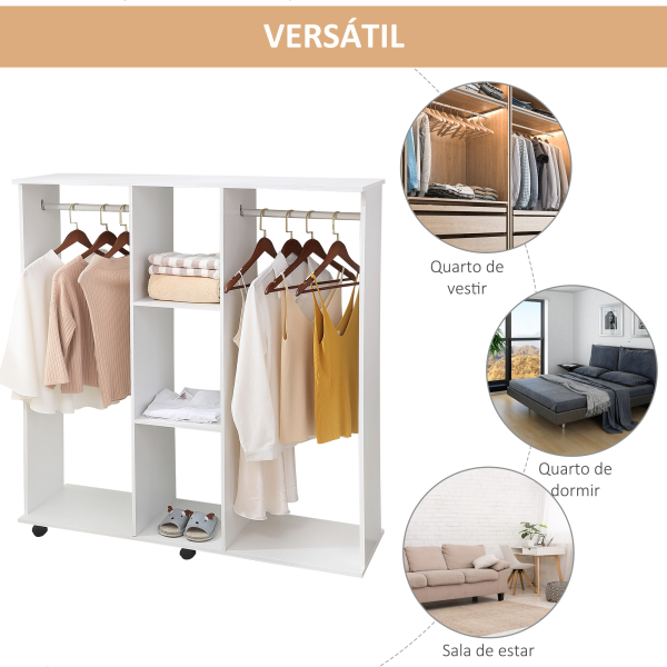 HOMCOM Roupeiro de Madeira Móvel Armário Roupeiro Aberto com 2 Barras para Pendurar e 3 Prateleiras Organizadoras 120x40x128 cm Branco - Image 5