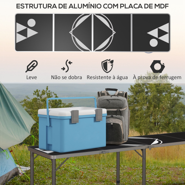 Outsunny Mesa de Exterior Portátil Mesa de Piquenique Dobrável com Altura Ajustável para Campismo 240x60x54-70 cm Preto e Prata - Image 6