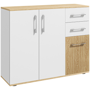 HOMCOM Aparador Sala de Estar Moderno com 2 Gavetas 2 Armários e Prateleiras Ajustáveis 90x30x75,5 cm Branco e Madeira