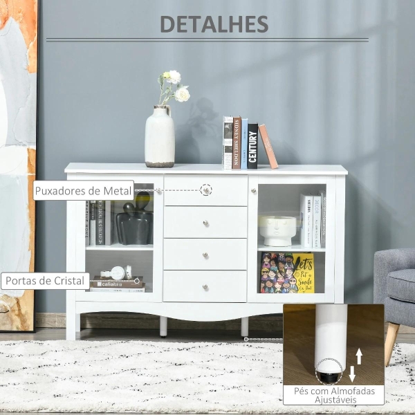 HOMCOM Aparador de Cozinha Armário Buffet com 2 Armários Porta de Vidro Prateleira Interior Ajustável e 4 Gavetas para Sala de Jantar Sala de Estar 136x45x85cm Branco - Image 6