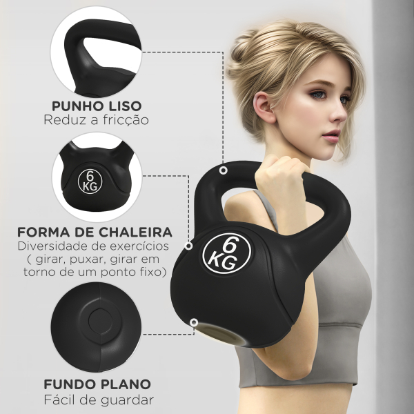 HOMCOM Peso Russo de 6 kg Kettlebell Fitness Preenchido de Areia com Punho Largo Antiderrapante 20x13x22 cm Preto - Image 6