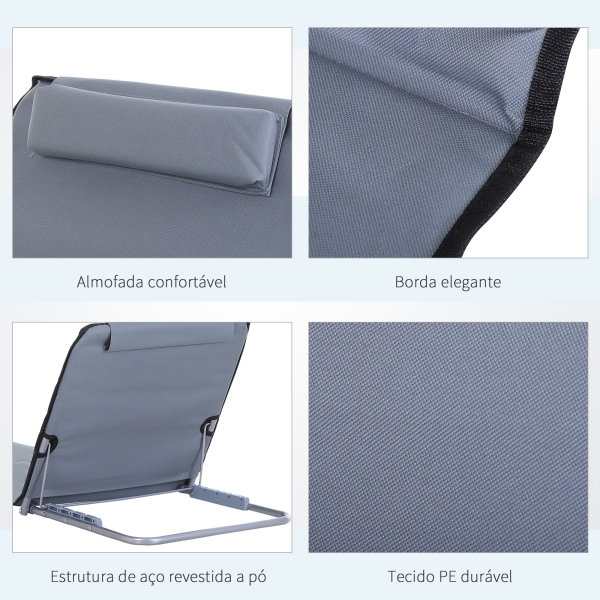 Outsunny Conjunto de 2 esteiras de praia com encosto reclinável em 5 níveis, bolsa de transporte e apoio de cabeça 48x134x33-43 cm cinza - Image 7
