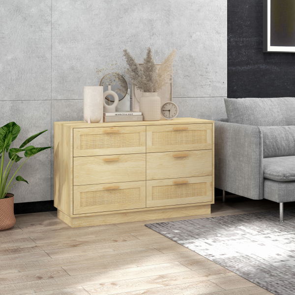 HOMCOM Cómoda para Quarto Cómoda de Madeira com 6 Gavetas de Vime Estilo Boêmio para Corredor Escritório 110x40x69 cm Carvalho - Image 7