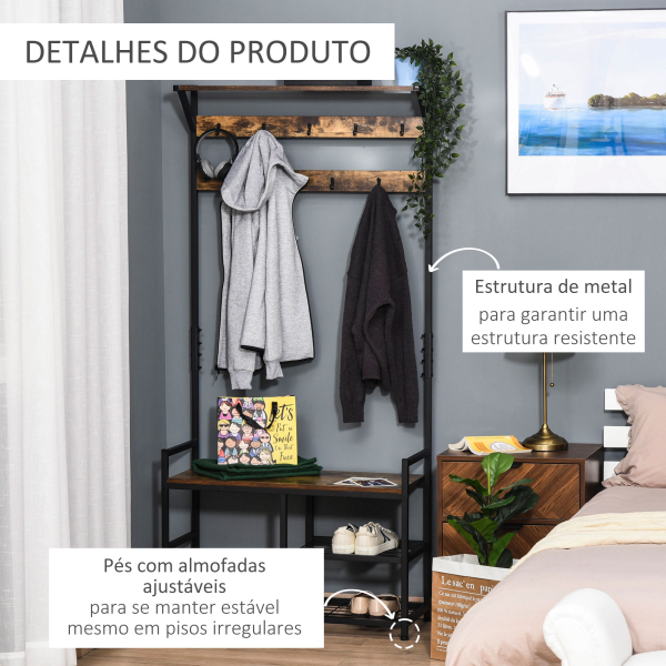 HOMCOM Móvel Cabide de Entrada com 3 Prateleiras 9 Ganchos Armário de Entrada com Cabides de Estilo Industrial 84x34,5x180cm Marrom - Image 7