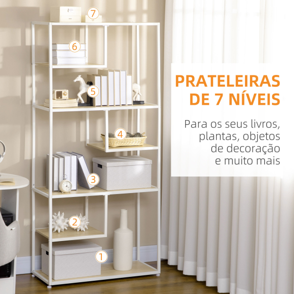 HOMCOM Estante de Armazenamento para Livros com Estrutura de Aço para Escritório Sala de Estar Estúdio 83x34x180cm Carvalho e Branco - Image 5
