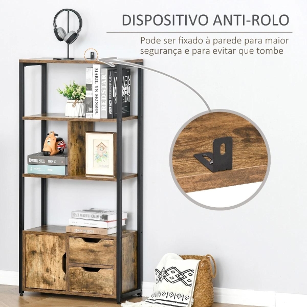 HOMCOM Estante para Livros com Armário e 2 Gavetas de Armazenamento Estante Estilo Industrial para Escritório Sala de Estar 58x24x122cm Marrom Rústico - Image 6