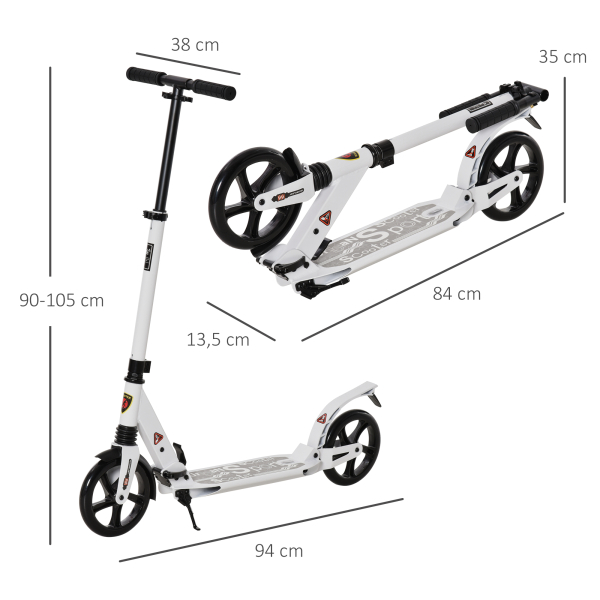 HOMCOM Trotinete dobrável altura ajustável e guiador para adultos e crianças acima de 14 anos com rodas grandes e freio Carga 100kg branco - Image 3