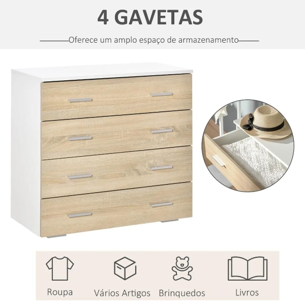 HOMCOM Cómoda com 4 Gavetas Cómoda Auxiliar de Armazenamento Moderna para Dormitório Corredor Sala de Estar 76x35x72cm Carvalho e Branco - Image 4