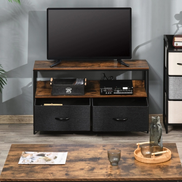 HOMCOM Móvel de TV até 47” Móvel de TV Industrial com Prateleira e 2 Cestos de Tecido Dobráveis para Sala de Estar Dormitório Estrutura de Metal 98x29x56cm Marrom Rústico e Preto - Image 7
