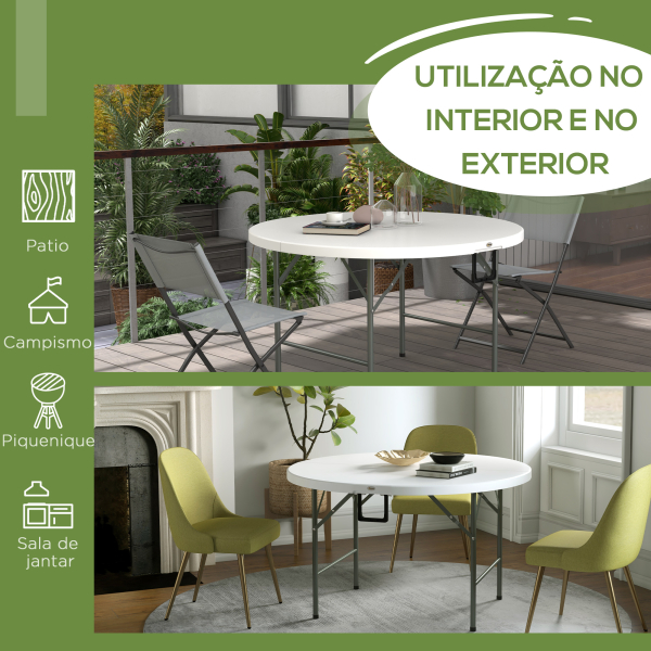 Outsunny Mesa de Jardim Redonda Mesa de Varanda Dobrável com Estrutura de Aço e Bancada de HDPE Ø122x73 cm Branco - Image 7