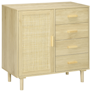 HOMCOM Aparador Sala de Estar Estilo Cannage com Porta de Vime 4 Gavetas e Pés de Madeira de Pinho 80x38x80,5 cm Madeira