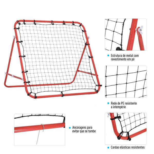 HOMCOM Rede de Rebote de Metal Rede de Rebote com Ângulo Ajustável e 20 Cordas Elásticas para Treinamento de Futebol Tenis Beisebol Desportes 96x80x96cm Vermelho - Image 6