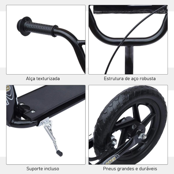 HOMCOM Trotinete para Crianças acima de 5 anos Scooter de 2 Rodas Grandes de 12 Polegadas com Freio e Guidão Ajustável em Altura Carga Máx. 100kg 120x52x80-88cm Preto - Image 7