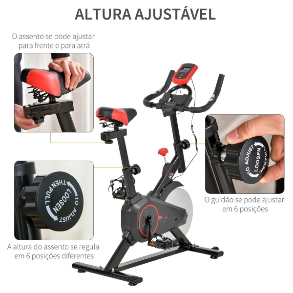 HOMCOM Bicicleta Estática Spinning com Monitor LCD Volante de Inércia de 6kg Assento e Guidão com Altura Ajustável Resistência Regulável 85x46x114cm Preto e Vermelho - Image 5