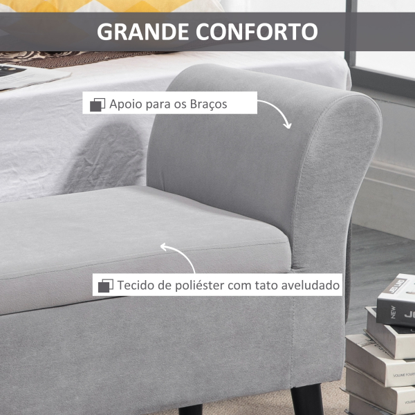HOMCOM Banco para Pé de Cama Estofado em Veludo com Tampa Apoio para os Braços Pés de Madeira 111,5x41x65cm Cinza Claro - Image 6