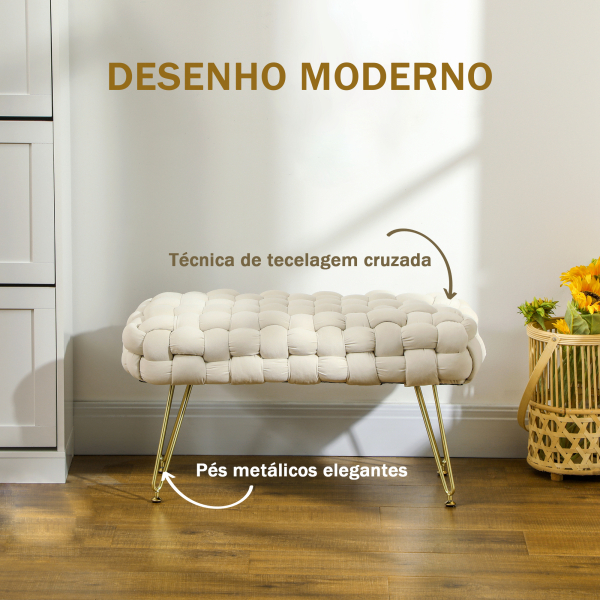 HOMCOM Apoio para os Pés Sala de Estar em Veludo com Pés de Metal e Assento Acolchoado para Dormitório Entrada 76x38x41,5 cm Creme - Image 4
